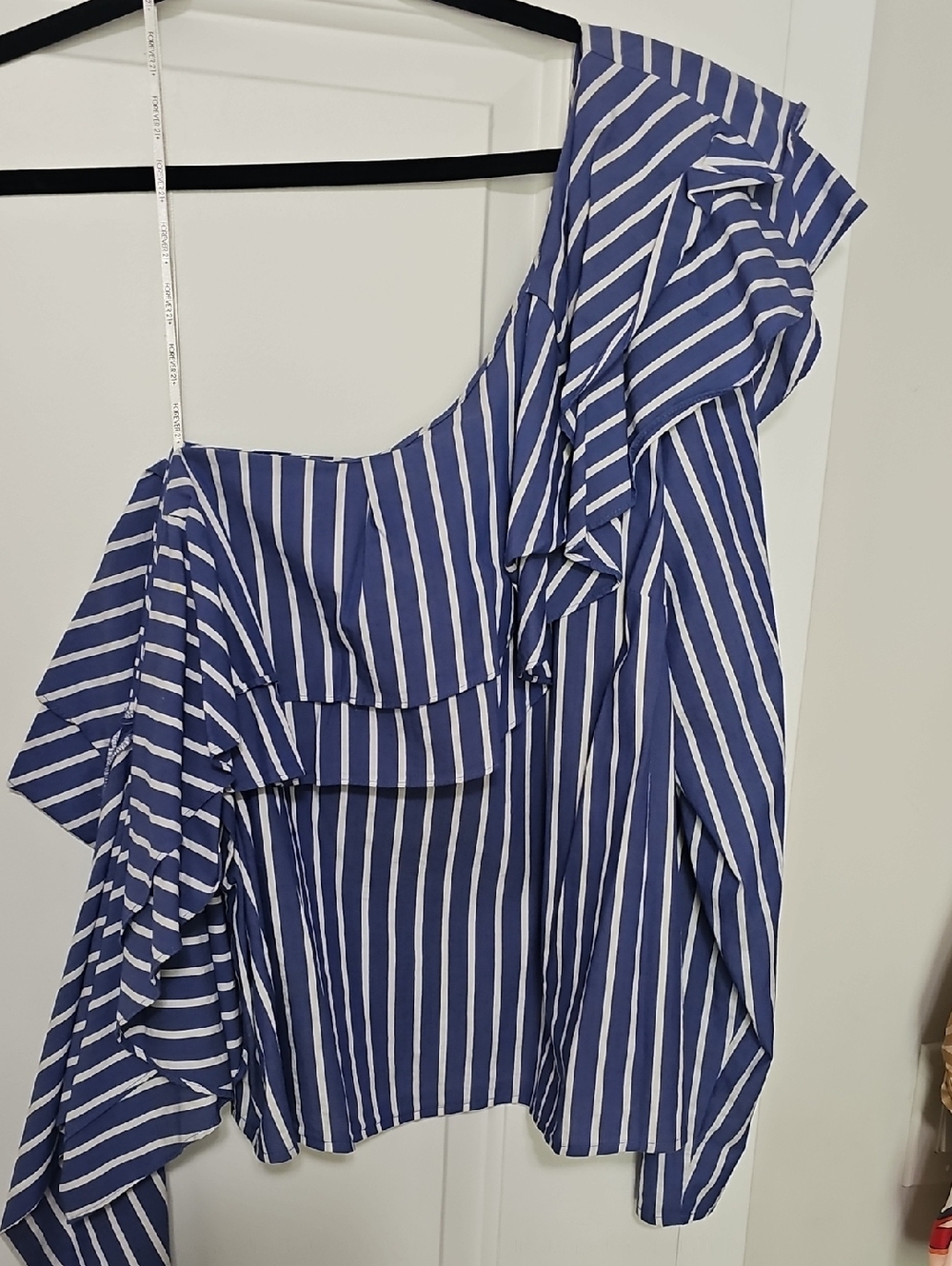 Forever 21 Plus Blue and White Striped One-Shoulder Top